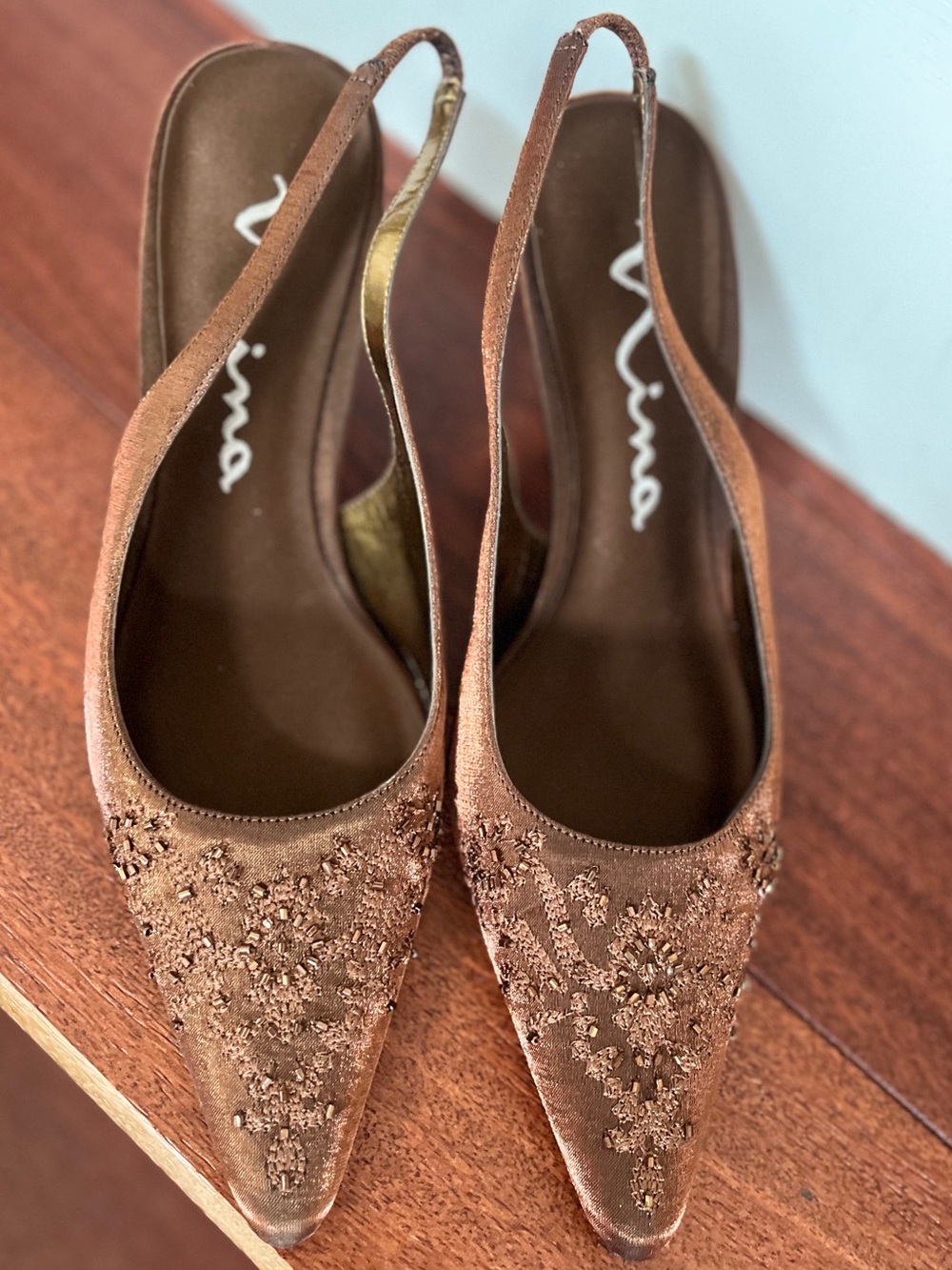 Nina Bronze Embellished Pointy Satin Slingback Heels NWT & Dustbag - Picture 3 of 11